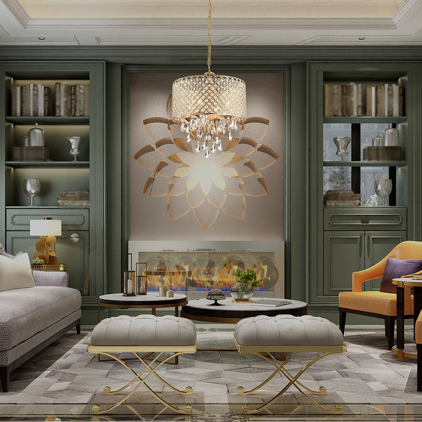 Lustre tambour à perles rondes avec cristaux suspendus