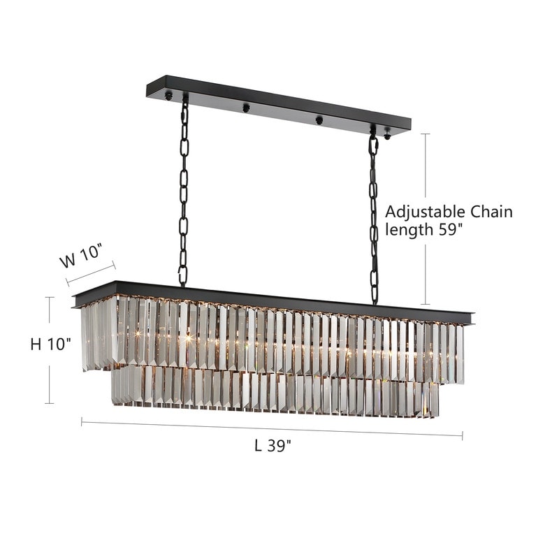 Lustre contemporain en cristal gris fumé et noir de 47 po, luminaire suspendu linéaire à deux niveaux pour îlot de cuisine et salle à manger