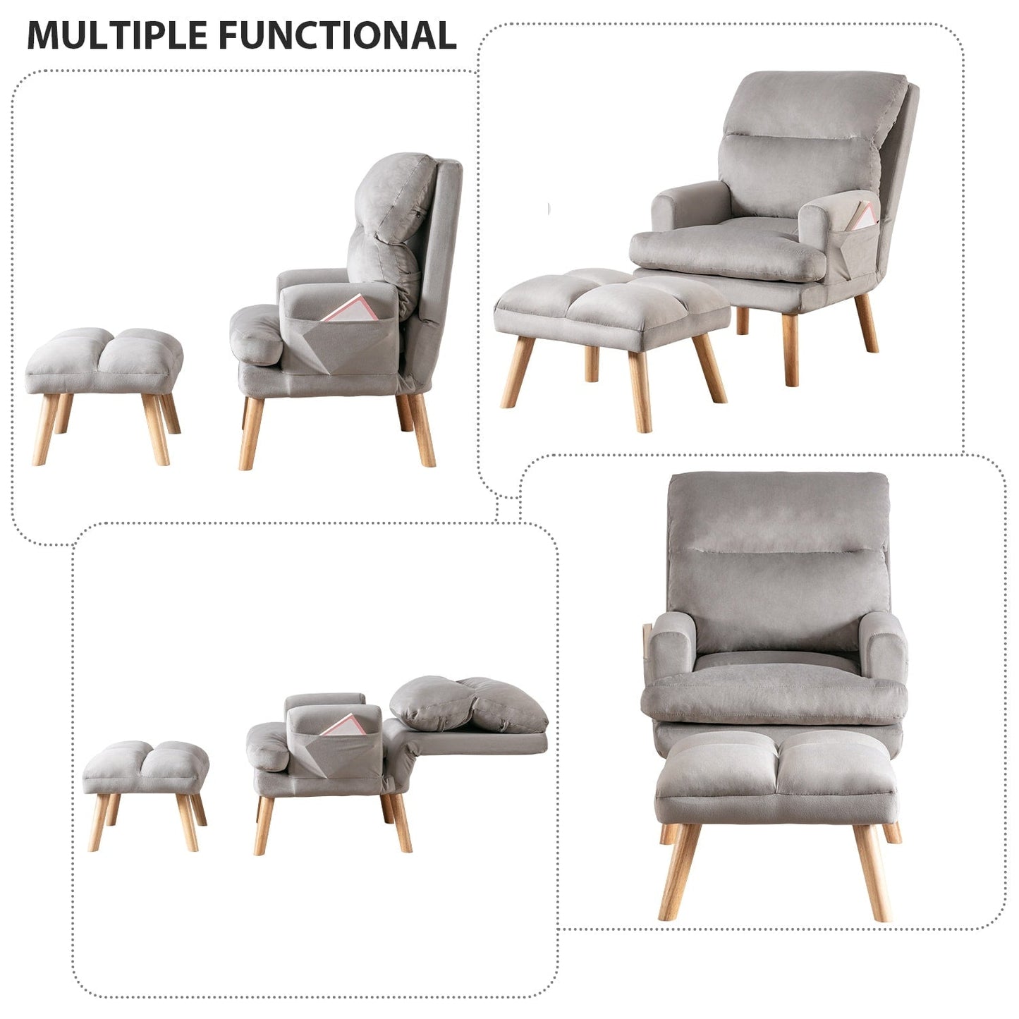 Fauteuil de salon décontracté en tissu doux avec dossier et pieds réglables