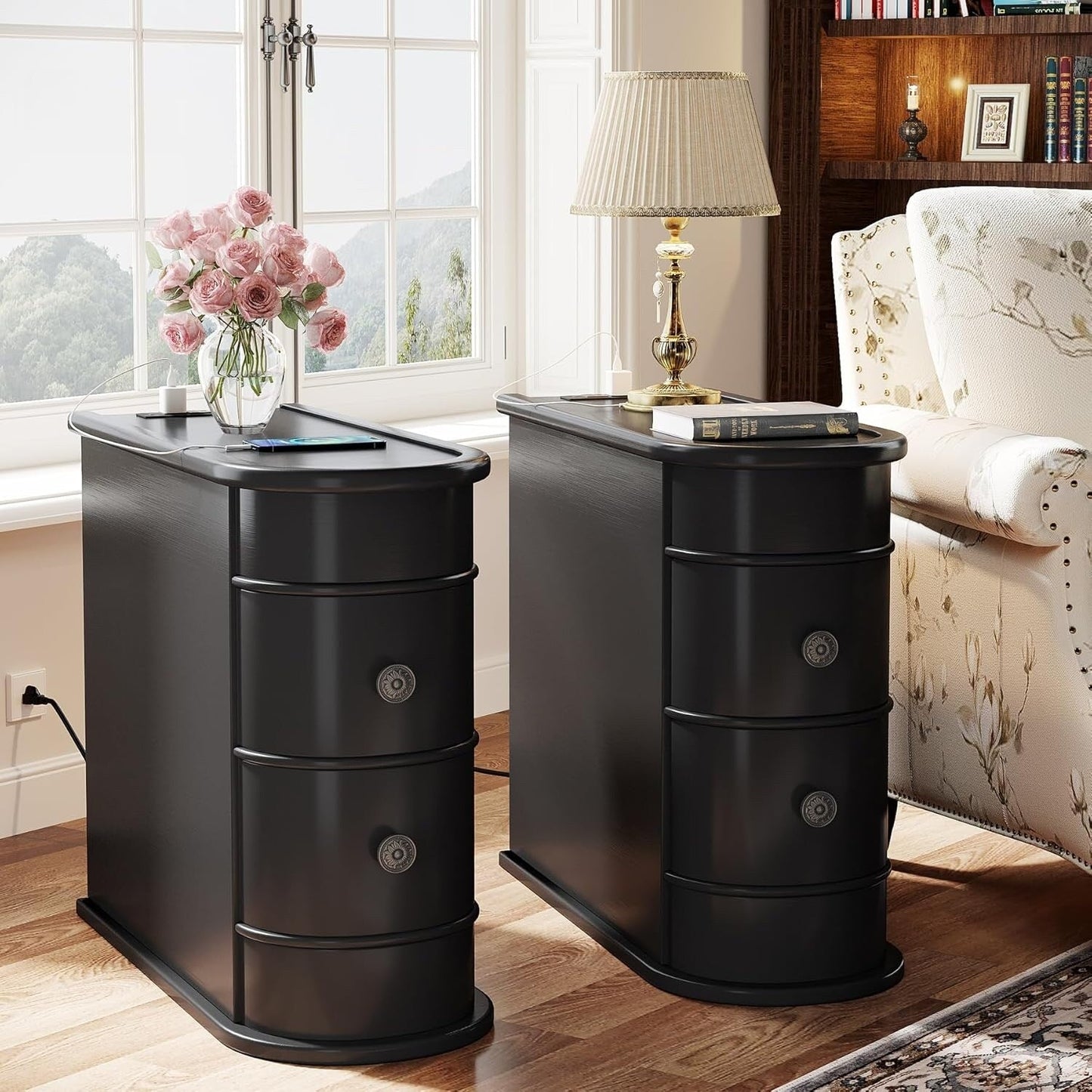 Table d'appoint étroite à deux tiroirs en bois massif