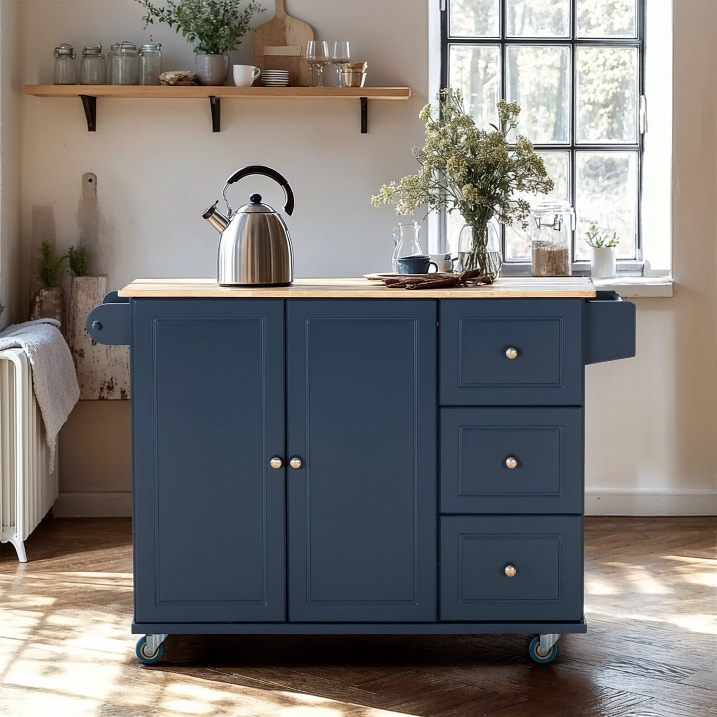 Desserte de cuisine Sophia & William avec abattant et plateau en bois d'hévéa, desserte de cuisine roulante avec grand meuble de rangement