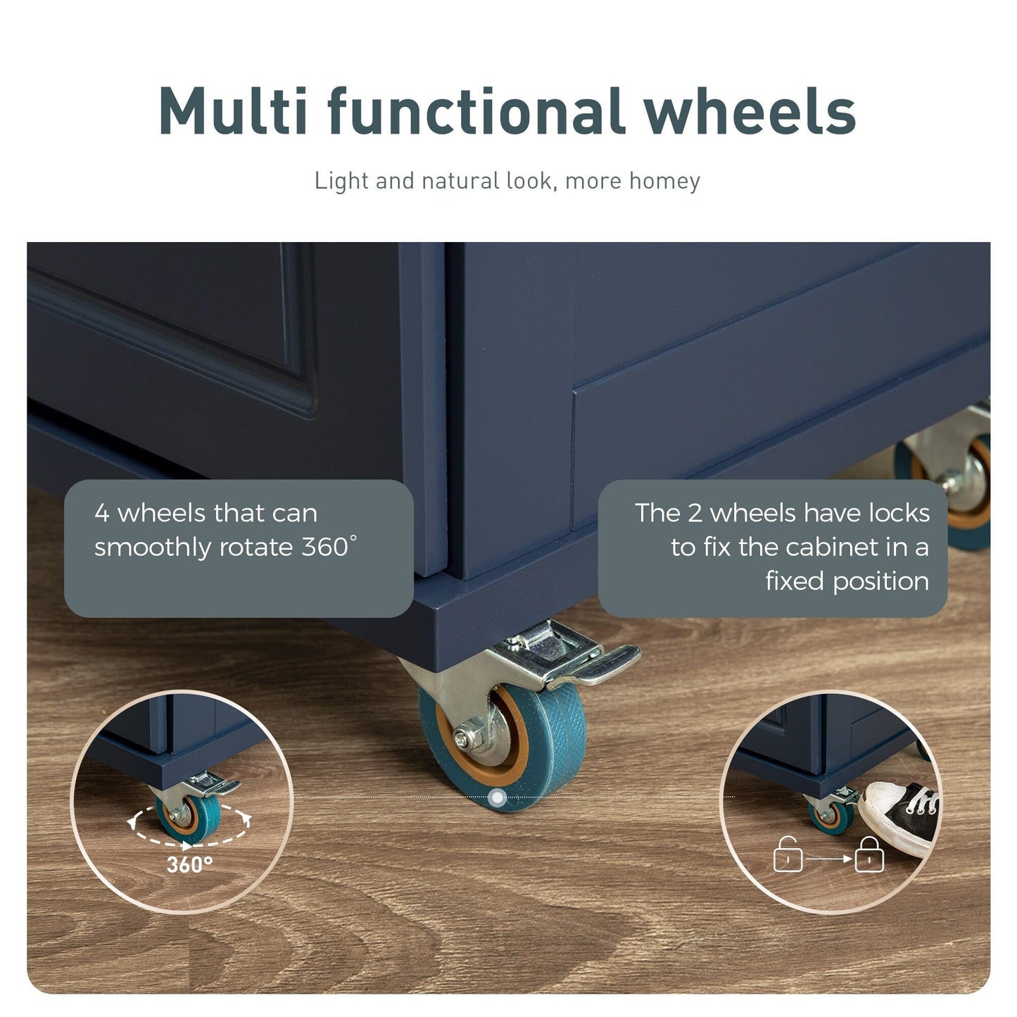 Desserte de cuisine Sophia & William avec abattant et plateau en bois d'hévéa, desserte de cuisine roulante avec grand meuble de rangement