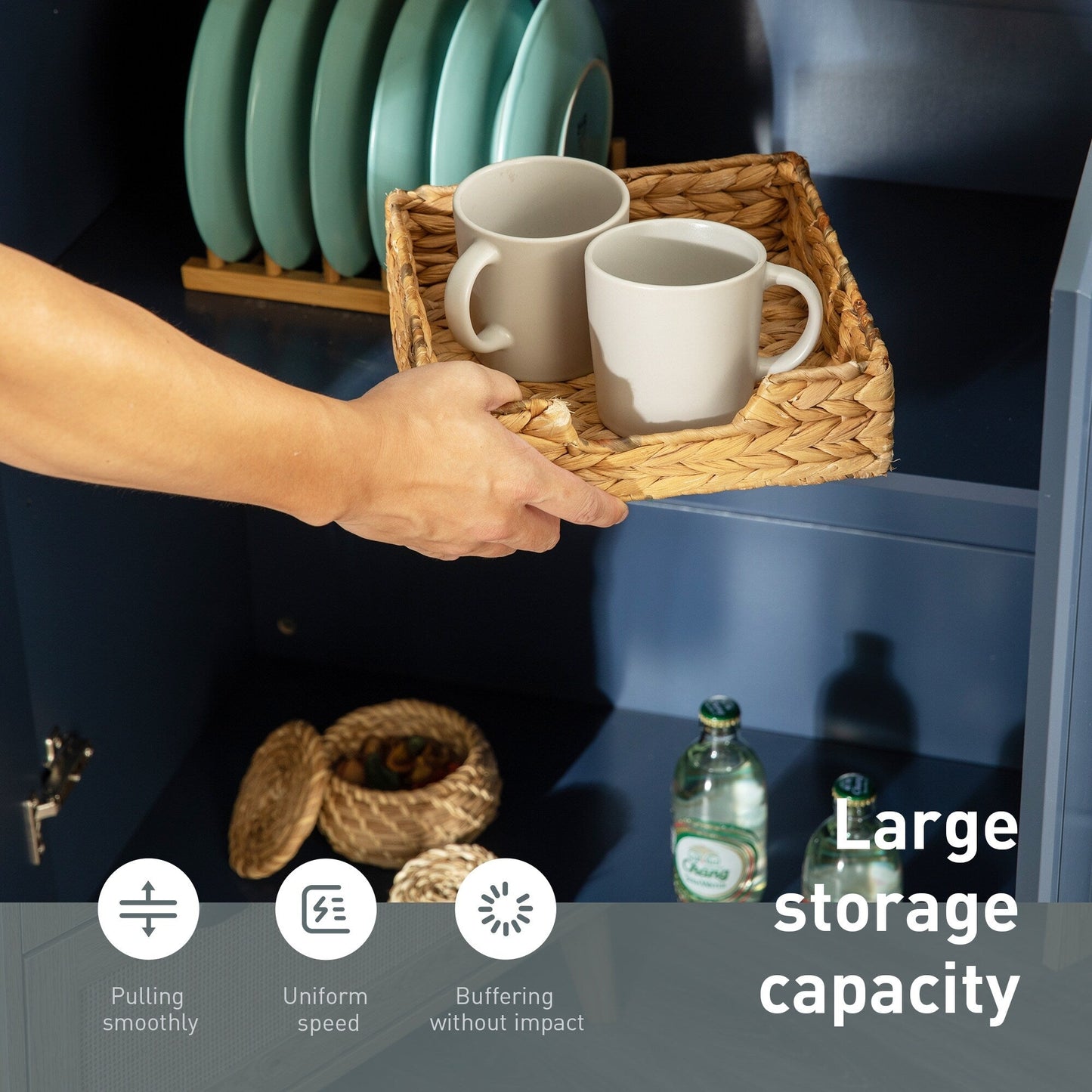 Desserte de cuisine Sophia & William avec abattant et plateau en bois d'hévéa, desserte de cuisine roulante avec grand meuble de rangement