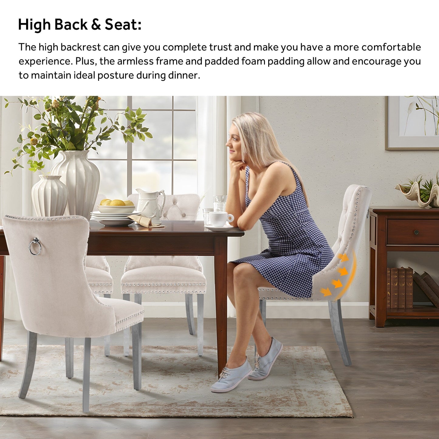 Chaise de salle à manger capitonnée en velours avec pieds en bois massif, lot de 6