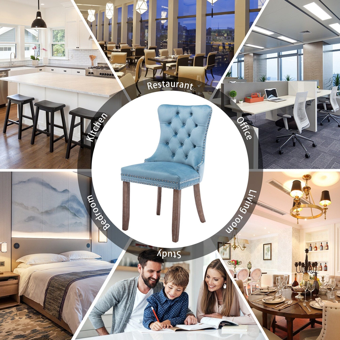 Chaise de salle à manger capitonnée en velours avec pieds en bois massif, lot de 6