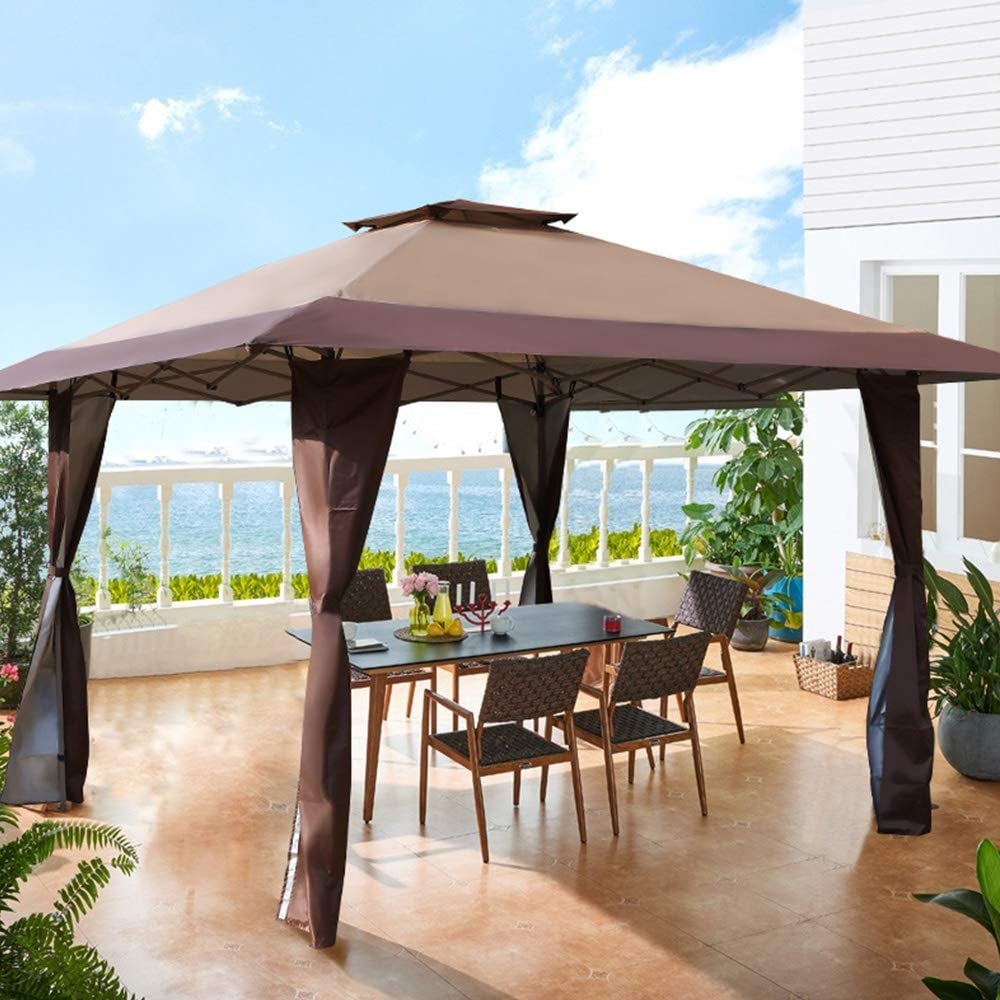Gazebo de jardin renforcé escamotable avec rideau d'angle élégant - 13 x 13 pi