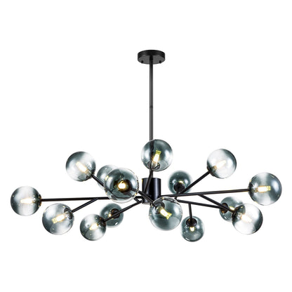 Lustre linéaire moderne à 15 lumières pour îlot de cuisine Sputnik avec branches et globes en verre