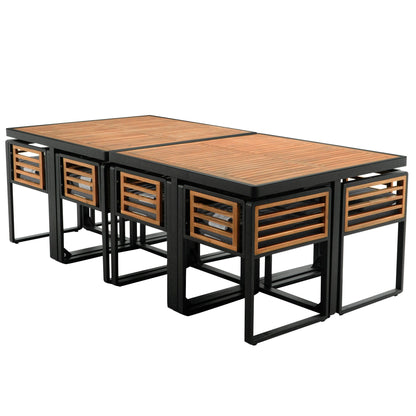 Ensemble de salle à manger de patio en bois d'acacia 18 pièces, 8 chaises rembourrées, 8 poufs et 2 tables carrées