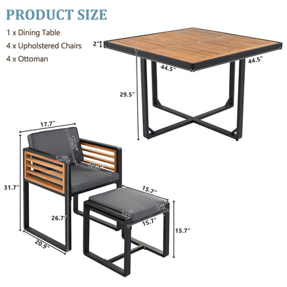 Ensemble de salle à manger de patio en bois d'acacia 18 pièces, 8 chaises rembourrées, 8 poufs et 2 tables carrées