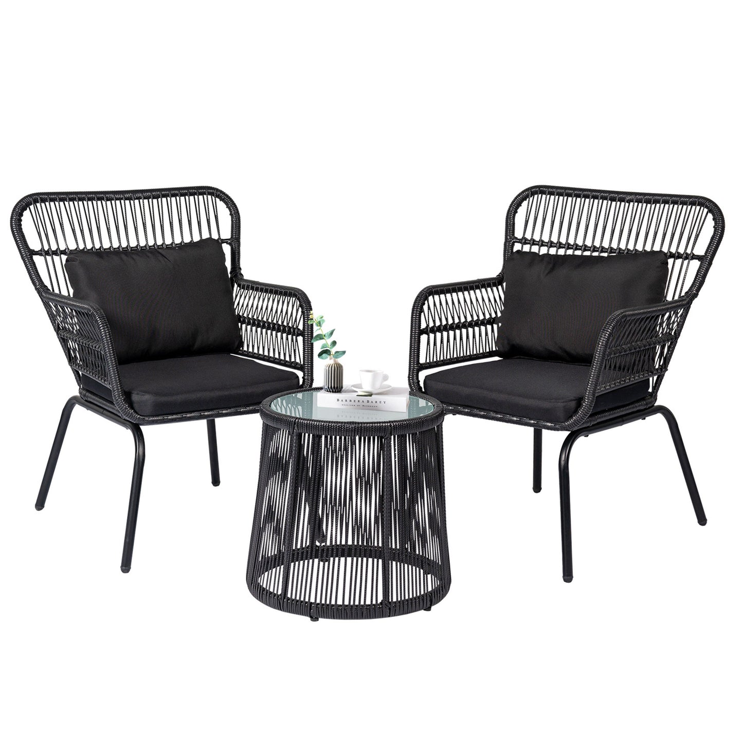 Ensemble de bistrot d'extérieur 3 pièces en osier, mobilier de jardin en rotin toutes saisons, chaises de patio avec coussins