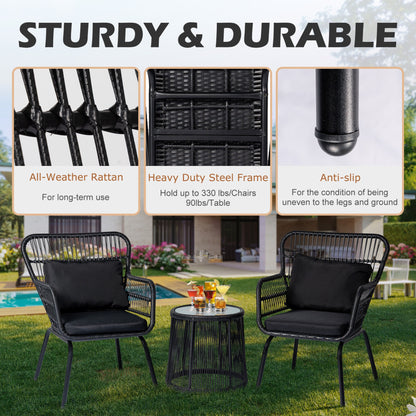 Ensemble de bistrot d'extérieur 3 pièces en osier, mobilier de jardin en rotin toutes saisons, chaises de patio avec coussins