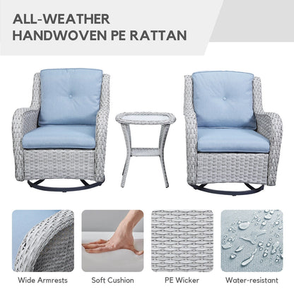 Fauteuil à bascule pivotant d'extérieur Gymojoy 3 pièces en osier avec coussin et table