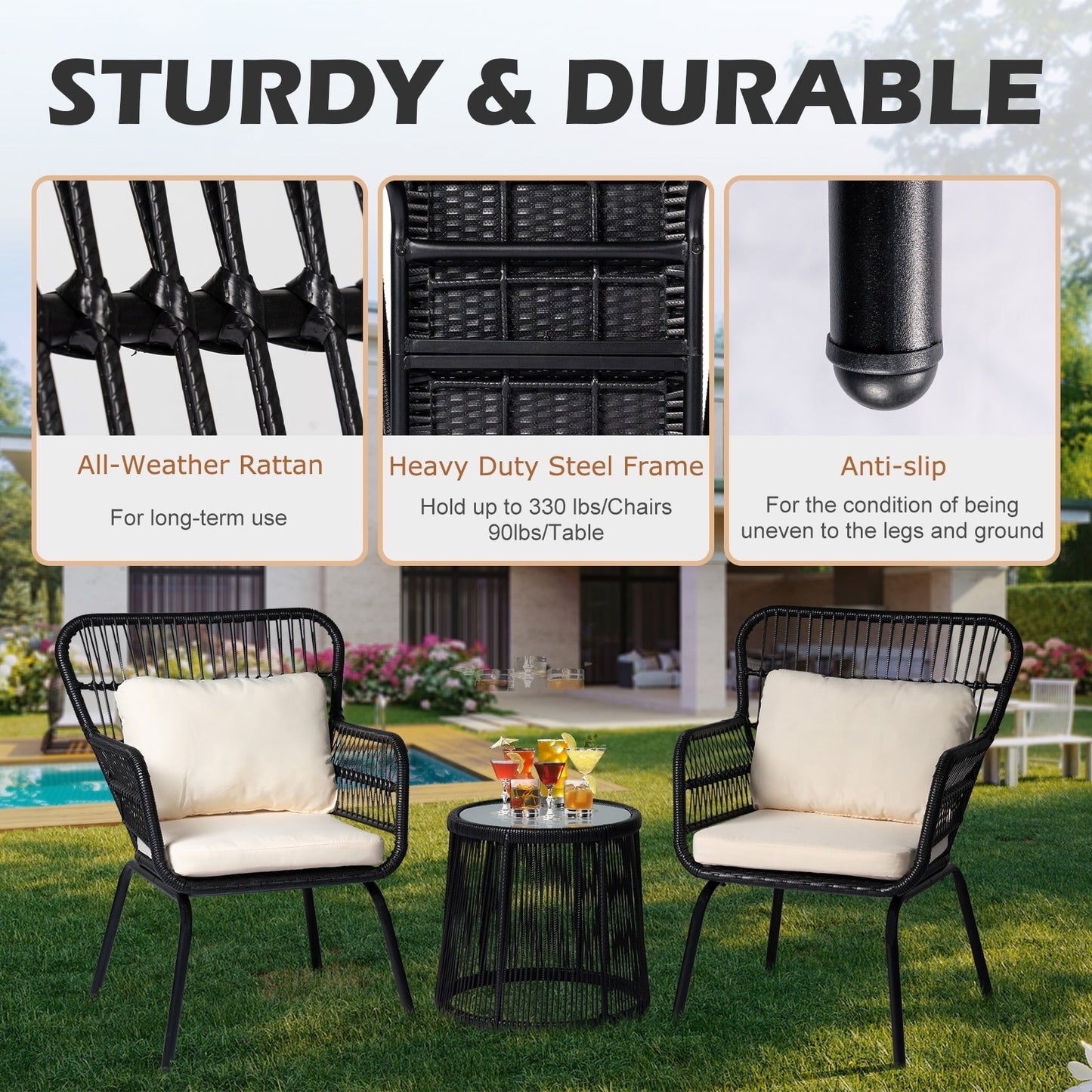 Ensemble de bistrot d'extérieur 3 pièces en osier, mobilier de jardin en rotin toutes saisons, chaises de patio avec coussins