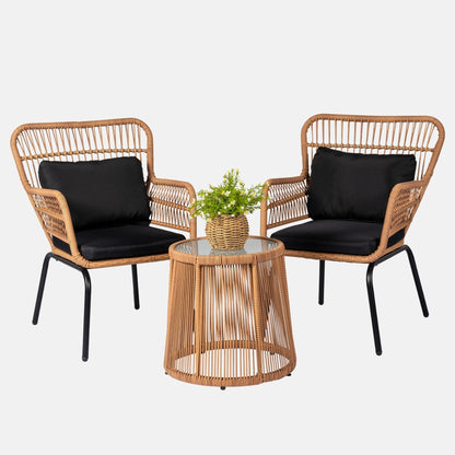 Ensemble de bistrot d'extérieur 3 pièces en osier, mobilier de jardin en rotin toutes saisons, chaises de patio avec coussins