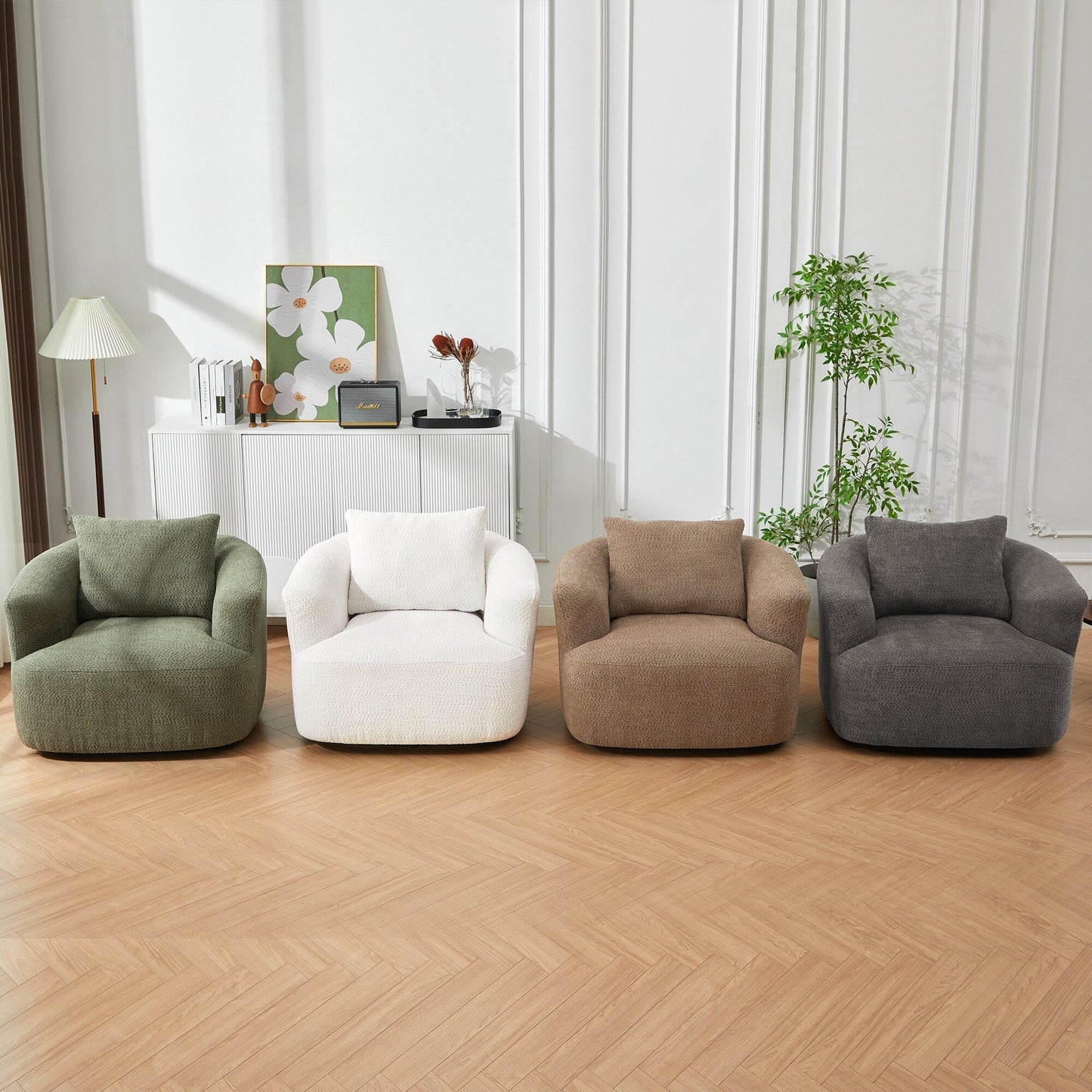 Fauteuil pivotant à 360°, fauteuil d'appoint Boucle 38,2" avec coussin décoratif, fauteuil rembourré en forme de tonneau avec accoudoirs incurvés