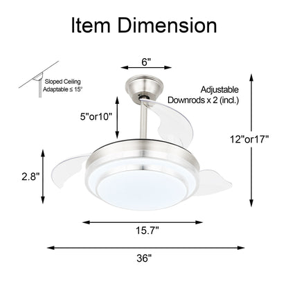 Ventilateur de plafond rétractable moderne Bella Depot 36 avec éclairage LED, pales réversibles à 6 vitesses et télécommande