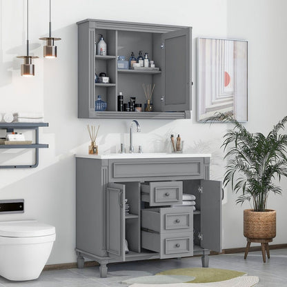 Meuble-lavabo moderne de 36 po avec lavabo supérieur et armoire à miroir, 2 portes et 2 tiroirs