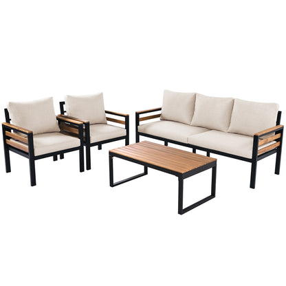 Ensemble de canapés d'extérieur 4 pièces pour 5 personnes avec coussin amovible et table basse en bois massif