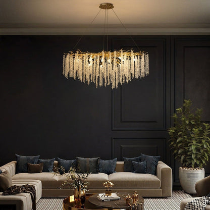 Lustre rectangulaire en cristal doré moderne de 40 po, branches d'arbre, luminaire suspendu pour îlot de cuisine, salle à manger