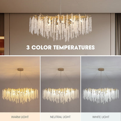 Lustre rectangulaire en cristal doré moderne de 40 po, branches d'arbre, luminaire suspendu pour îlot de cuisine, salle à manger