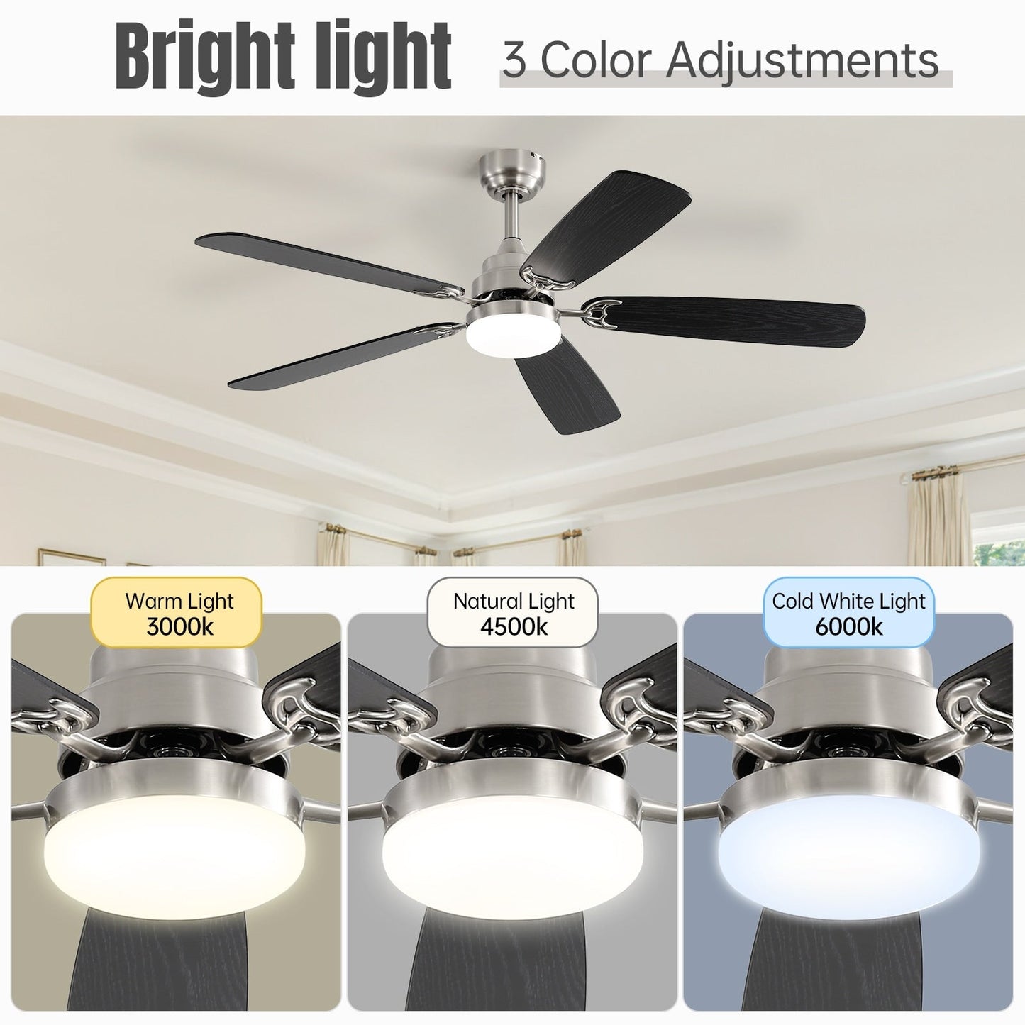 Ventilateur de plafond à LED intégré 48 et 52 pouces avec lumière et télécommande, moteur CC réversible