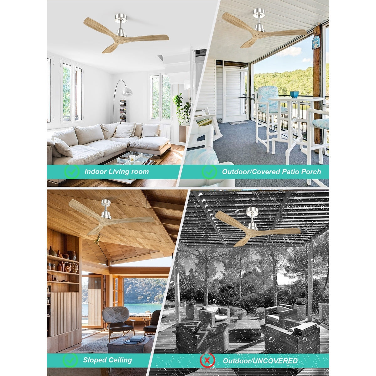 Ventilateur de plafond moderne en bois massif/ABS de 52 pouces avec télécommande (sans lumière), 6 vitesses de vent, flux d'air réversible