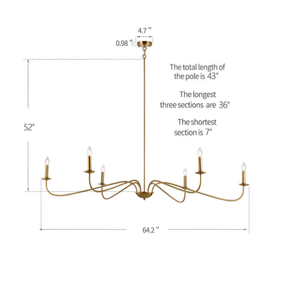 Lustre minimaliste à 6 lumières de 64 pouces, noir mat, or et chrome - N/A