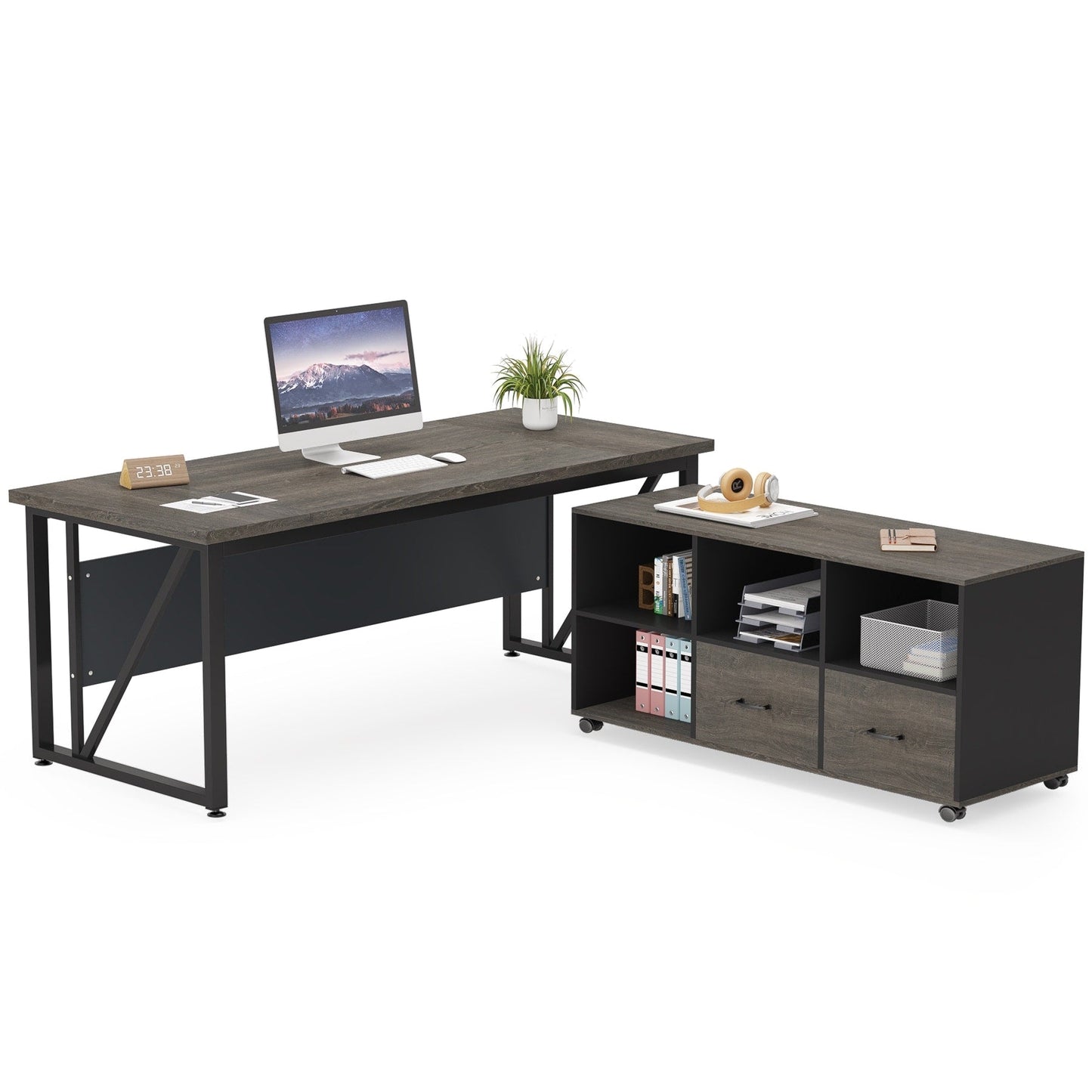 Bureau d'ordinateur en L de 63 pouces avec classeur latéral de 47 pouces, ensemble de bureau exécutif pour la maison