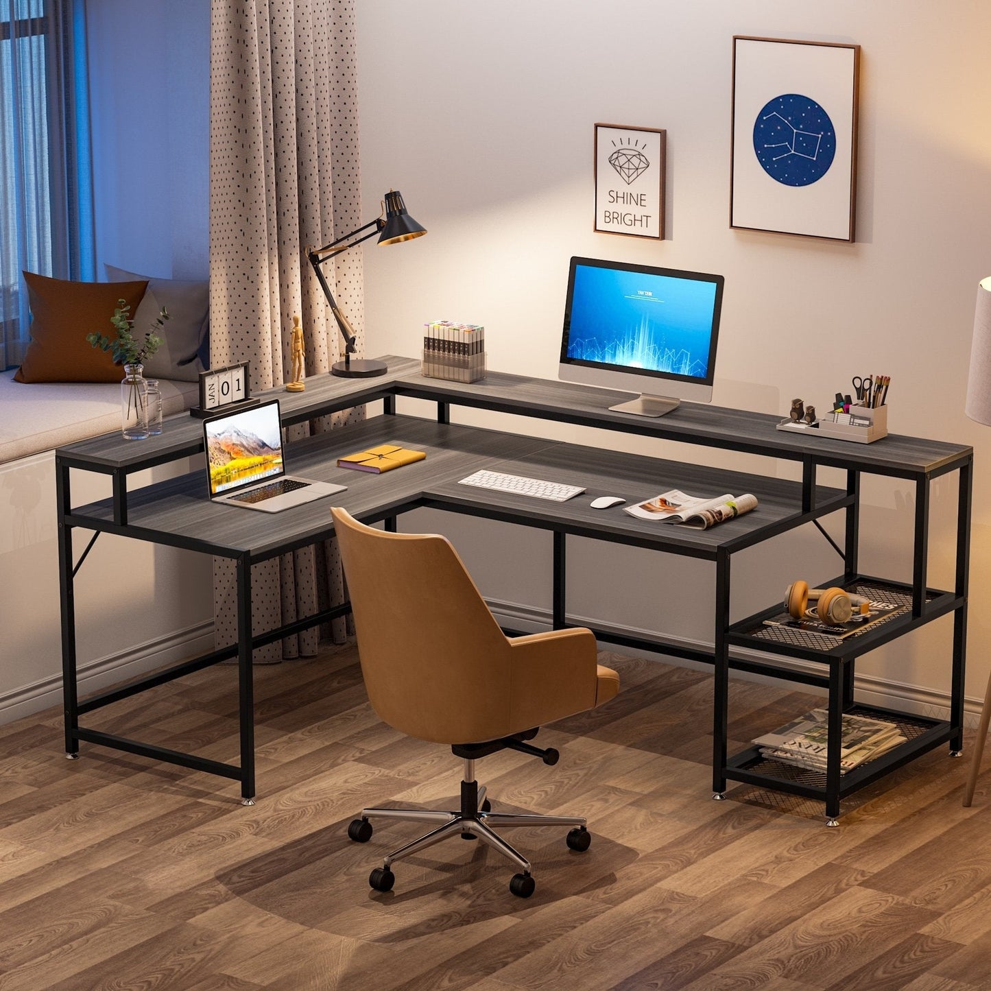 Bureau en L avec étagère pour écran, bureau d'angle réversible pour bureau à domicile 69