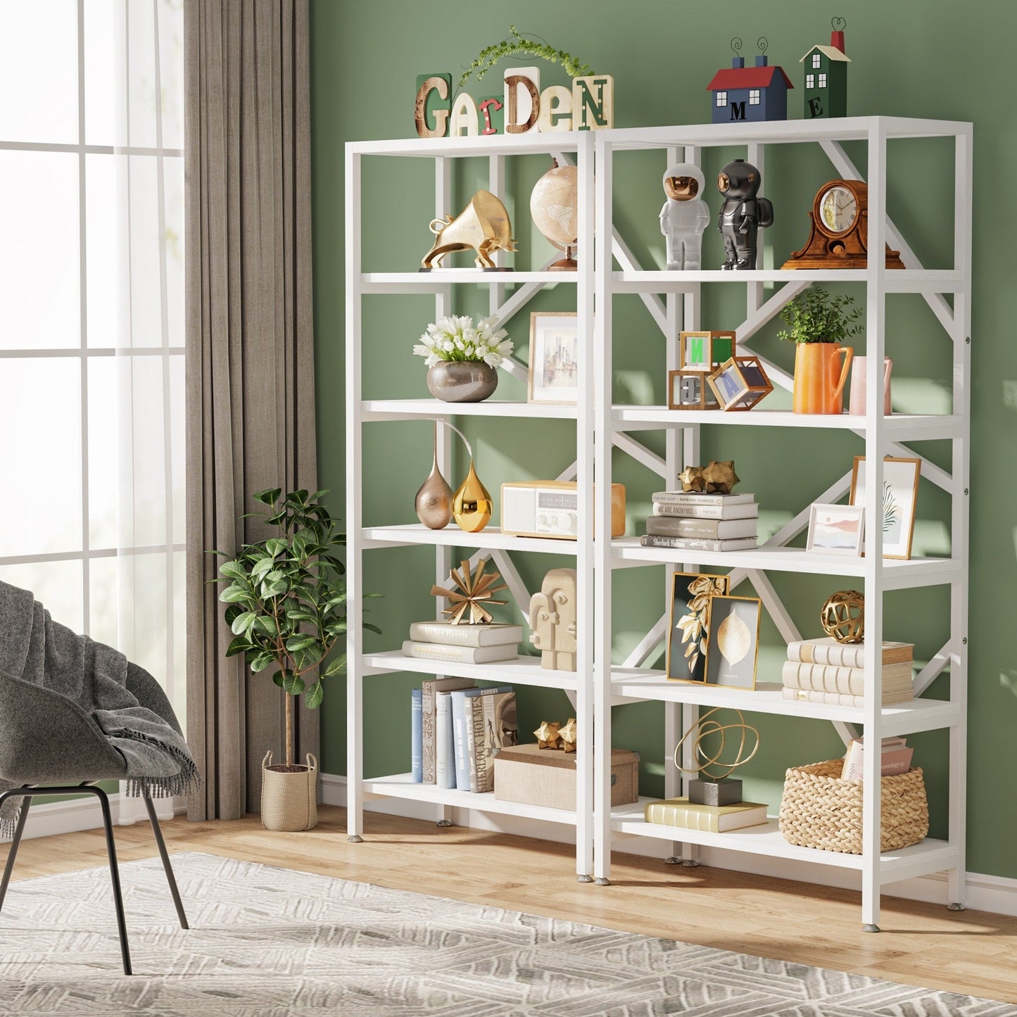 Bibliothèque industrielle 71, étagère à 6 niveaux en bois brun rustique, étagères à livres ouvertes