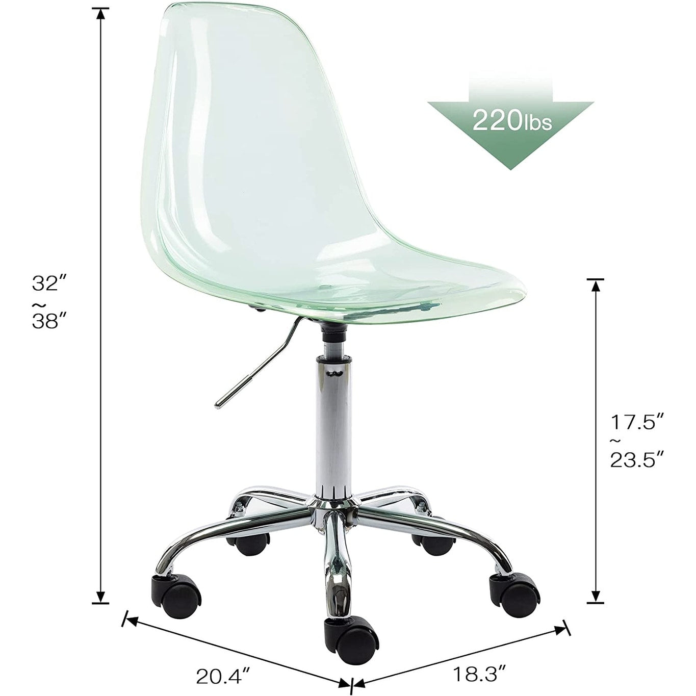 Chaise de bureau pivotante en acrylique à hauteur réglable sans accoudoirs