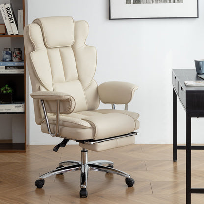 Fauteuil de bureau inclinable ergonomique pivotant à 360° en cuir reconstitué beige avec dossier haut et support lombaire, repose-pieds et hauteur réglable