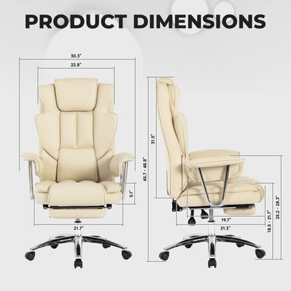 Fauteuil de bureau inclinable ergonomique pivotant à 360° en cuir reconstitué beige avec dossier haut et support lombaire, repose-pieds et hauteur réglable