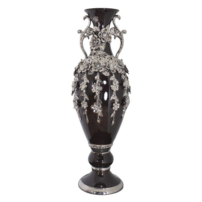 Superbe vase orné de bijoux en forme de fleuron noir et argent de 35 pouces de hauteur