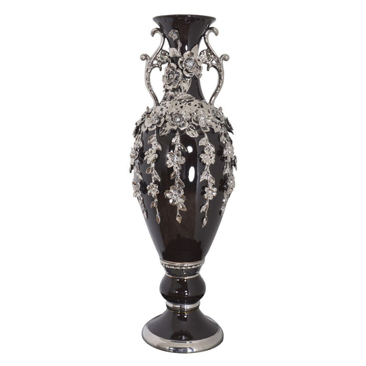Superbe vase orné de bijoux en forme de fleuron noir et argent de 35 pouces de hauteur
