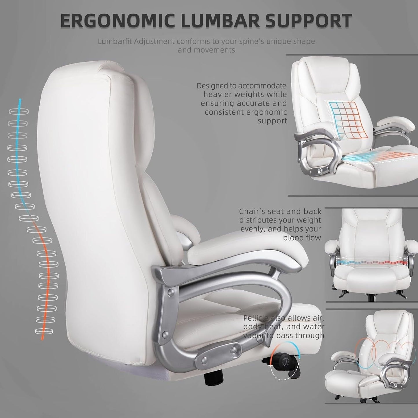 Chaise de bureau exécutive Bossin Big and Tall, chaise ergonomique à support lombaire réglable de 500 lb avec dossier haut en cuir PU pour ordinateur