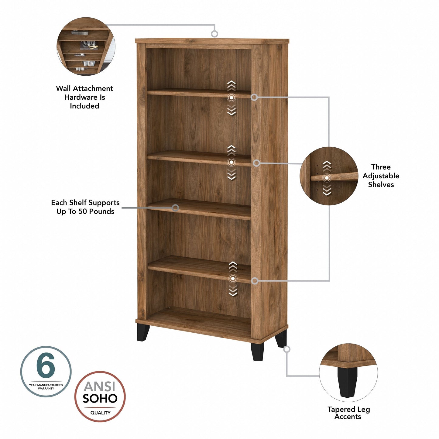 Bibliothèque haute à 5 étagères Bush Furniture Somerset avec tablettes réglables