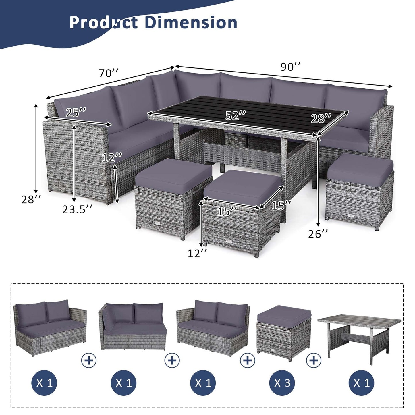 Ensemble de salle à manger en rotin Costway 7 pièces avec canapé sectionnel et pouf - Voir les détails