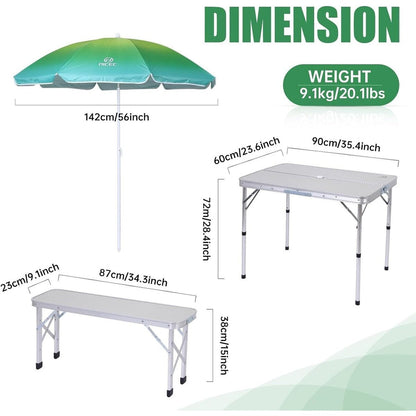 Table de pique-nique pliante et parasol pour camping, jardin, terrasse, fête sur la pelouse - Blanc avec parasol