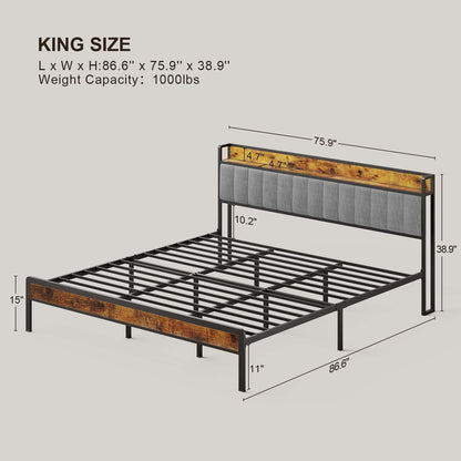 Cadre de lit plateforme en métal pour lit simple, double, queen ou king size avec tête de lit rembourrée et rangement