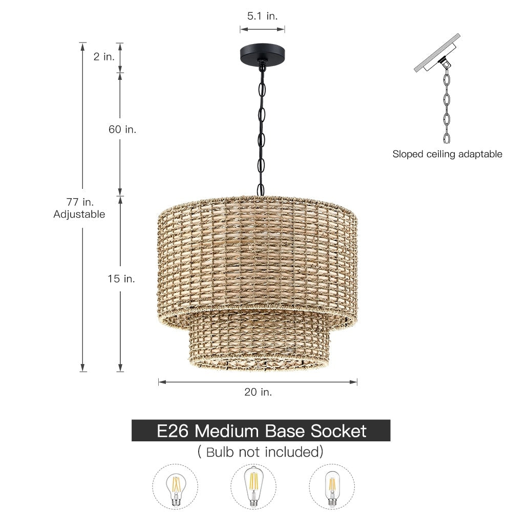 Lustre tambour à 4 lumières en rotin Lennie de 20 po avec auvent noir - 20 po de largeur - 20 po de largeur
