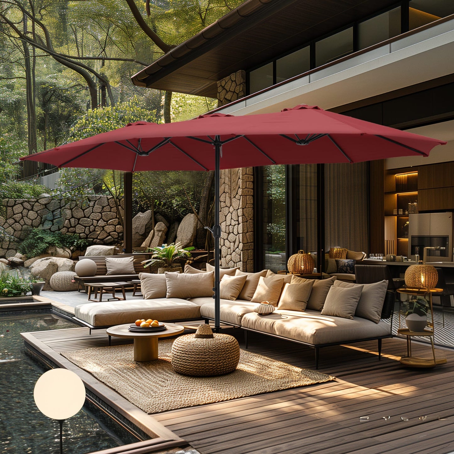 Parasol double extra large de 15 pieds pour patio double face de MAISON ARTS avec base incluse