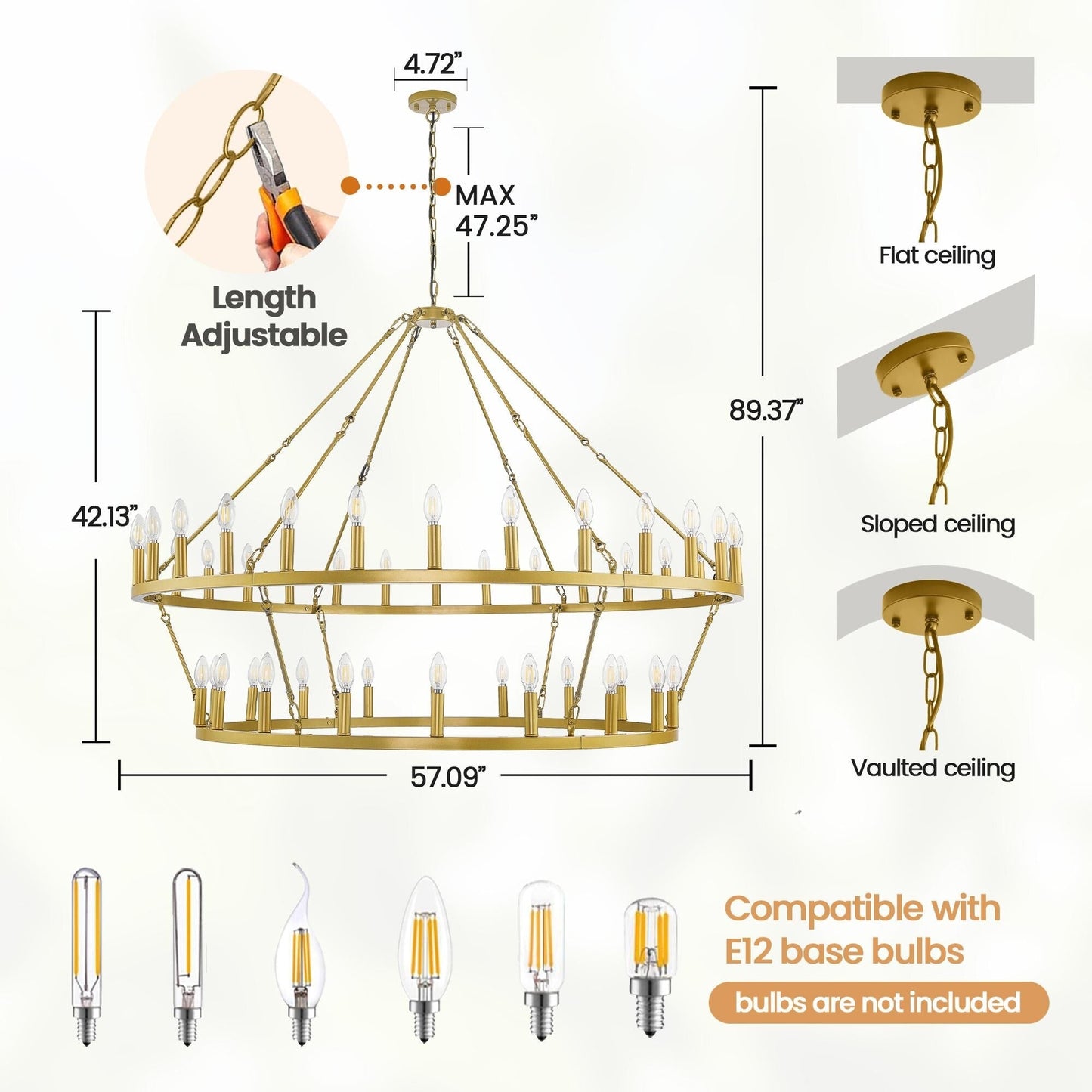 Lustre de ferme moderne à 2 niveaux, lustre rond en forme de roue de chariot, grand plafonnier haut.
