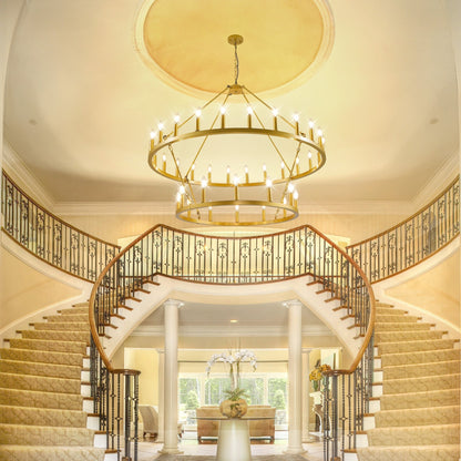 Lustre de ferme moderne à 2 niveaux, lustre rond en forme de roue de chariot, grand plafonnier haut.