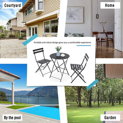 Ensemble bistrot pliant en métal 3 pièces, résistant aux intempéries, pour l'extérieur et l'intérieur, idéal pour la terrasse, la cour et le jardin.