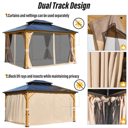 Gazebo à toit rigide EROMMY, pergola d'extérieur avec double toit, filet et rideaux, auvent robuste pour patio, arrière-cour, fête au bord de la piscine