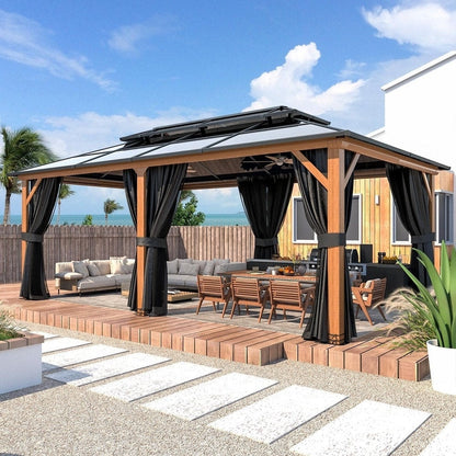 Gazebo à toit rigide EROMMY, pergola d'extérieur avec double toit, filet et rideaux, auvent robuste pour patio, arrière-cour, fête au bord de la piscine