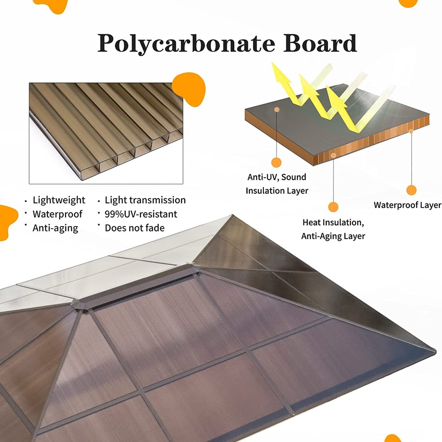 Gazebo à toit rigide EROMMY, pergola d'extérieur avec double toit, filet et rideaux, auvent robuste pour patio, arrière-cour, fête au bord de la piscine