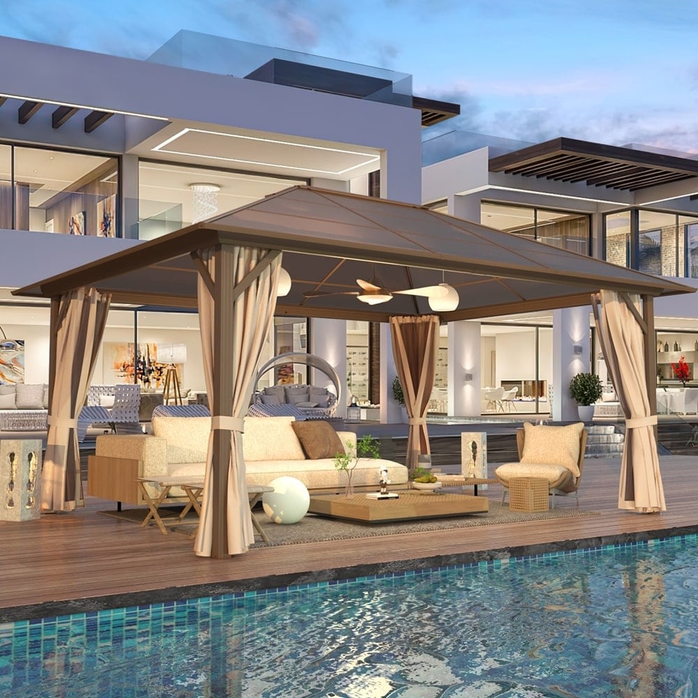 Tonnelle à toit rigide pour jardin – Pergola permanente avec filet, rideaux et double toit, abri extérieur toutes saisons