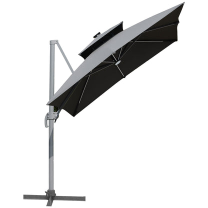 Parasol de terrasse solaire à LED Outsunny de 3 m, parasol suspendu décalé avec rotation à 360°, base croisée, 8 baleines, inclinaison et manivelle